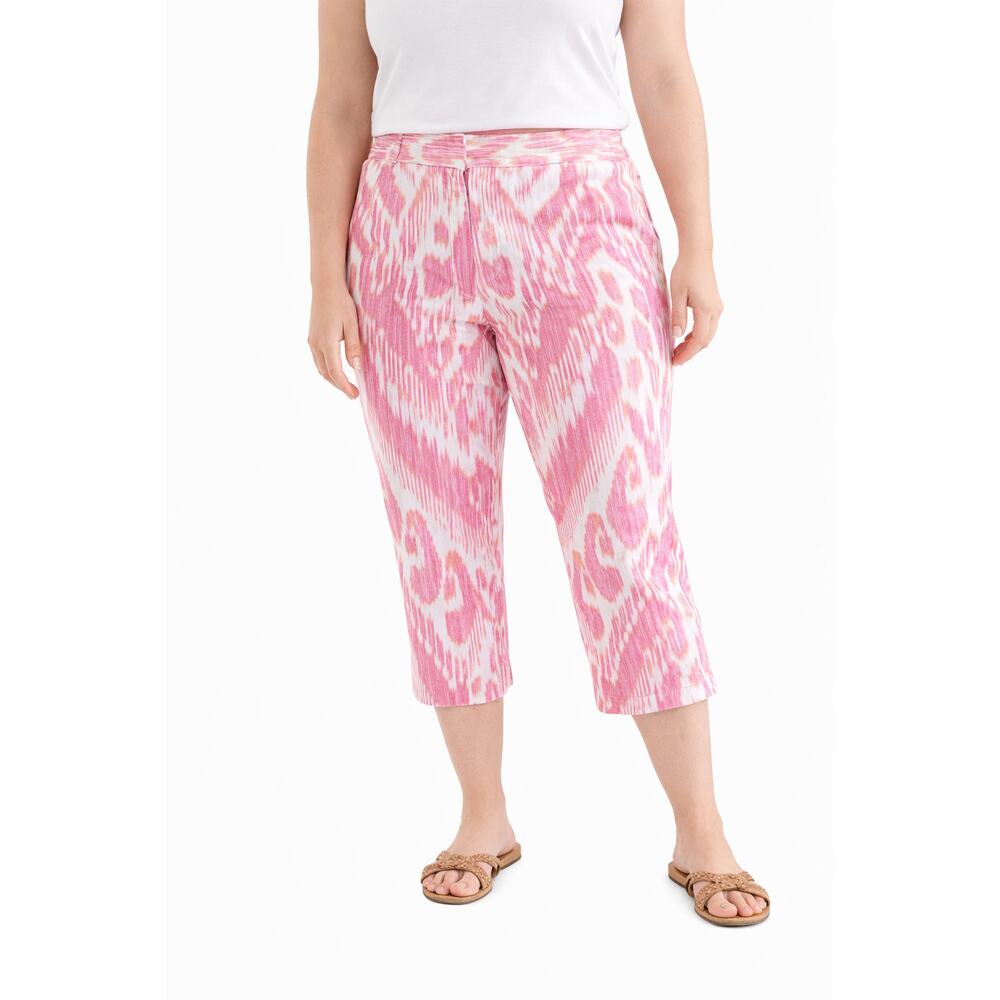 Chicos Pink Ikat Capri Pants Womens Large 12 14 Stretch Beach Cruise Resort 2.5